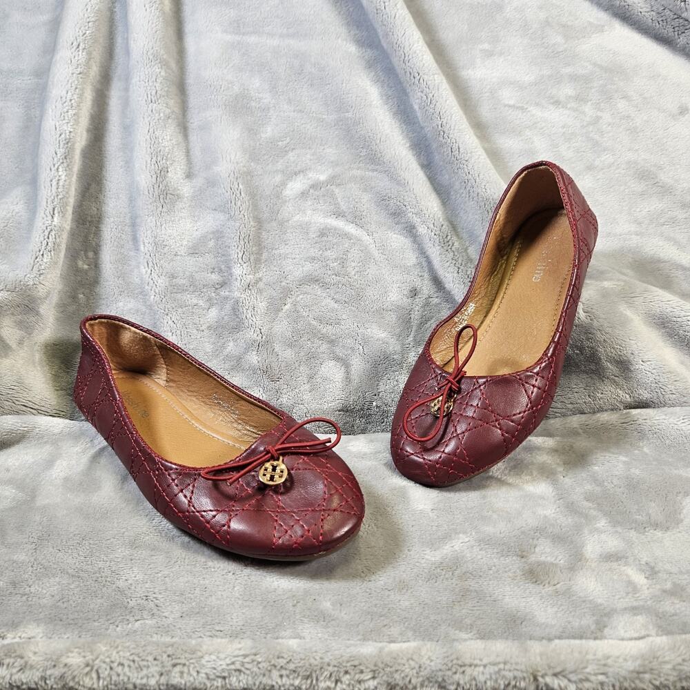 Meeshine Quilted Ballet Flats Womens 6.5 Red Leather Bow Charm Shoes